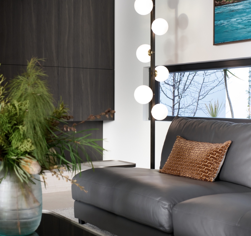 Modern living room with stylish lighting and decor.