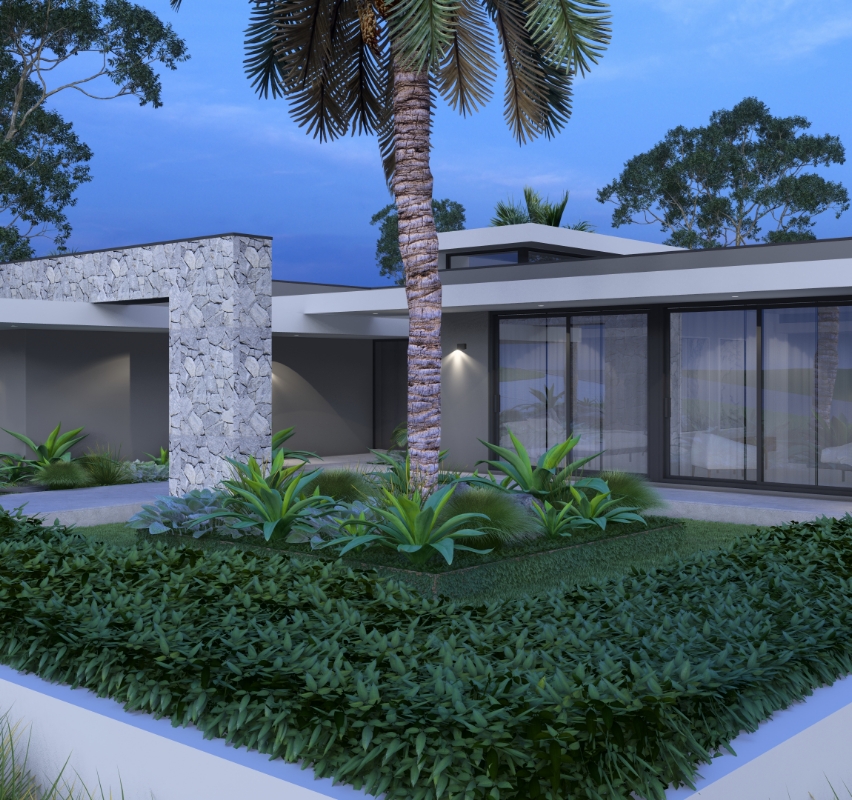 Modern house with landscaping at dusk.